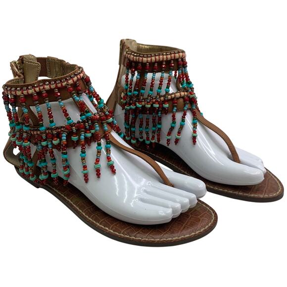 Sam Edelman Gabriel Saddle Brown Beaded Thong Boho Leather Sandals Womens Sz 8 - Picture 1 of 8